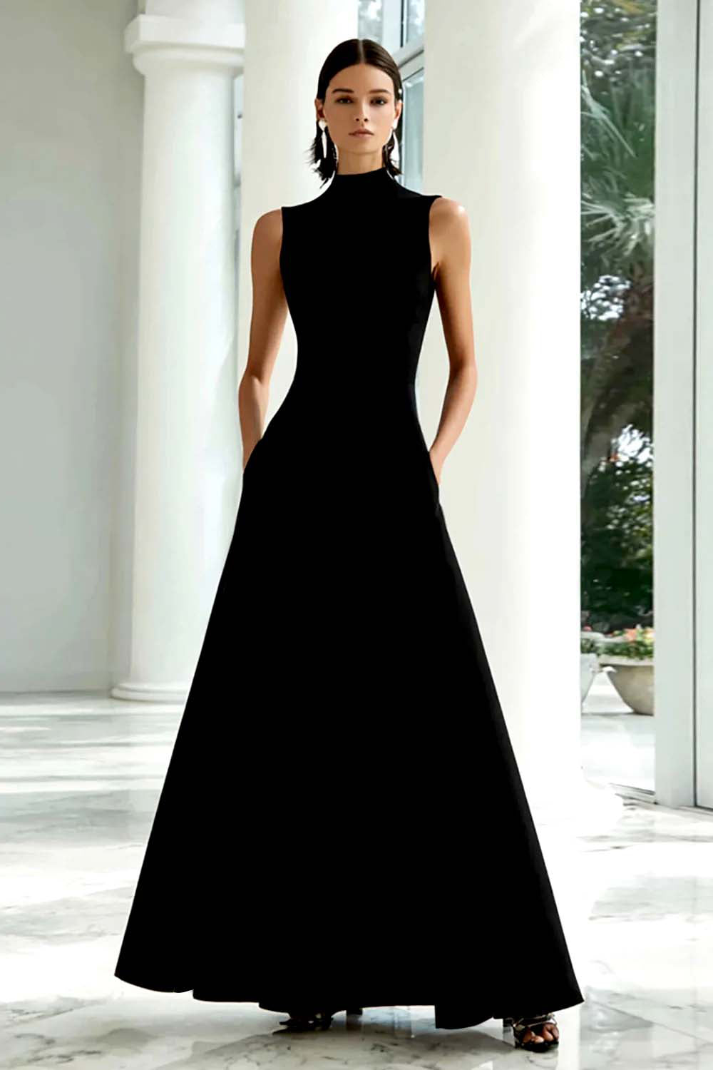 Black and White High Neck Long A Line Formal Dress