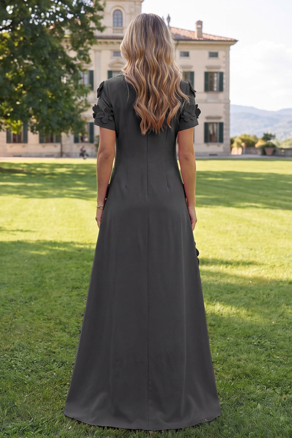 Round Neck Blue A Line Floral Long Wedding Guest Dress with Sleeves
