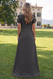 Round Neck Blue A Line Floral Long Wedding Guest Dress with Sleeves