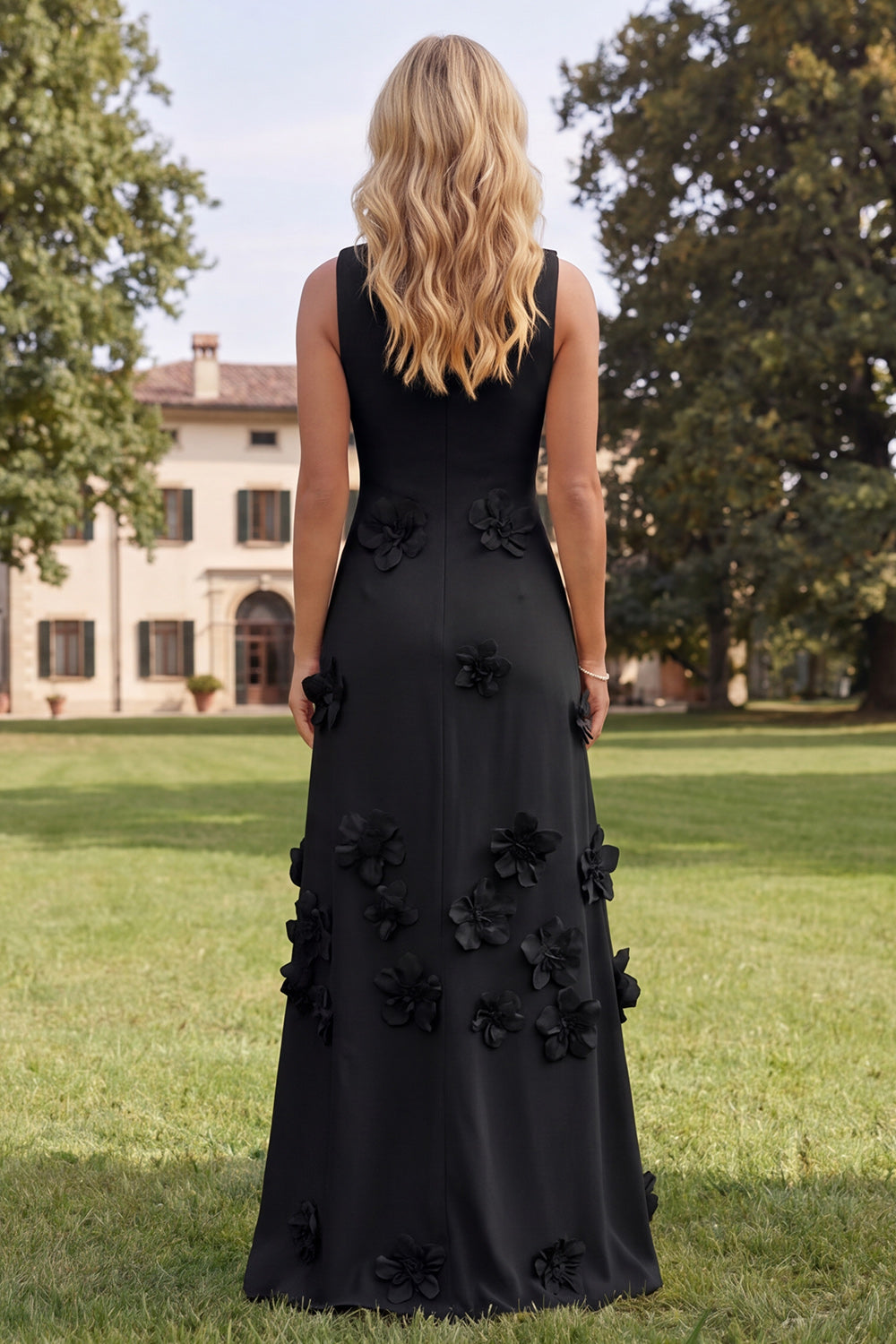Zapaka Women Hot Pink Maxi Floral Dress Mermaid Round Neck Wedding Guest Dress, Black / US20W
