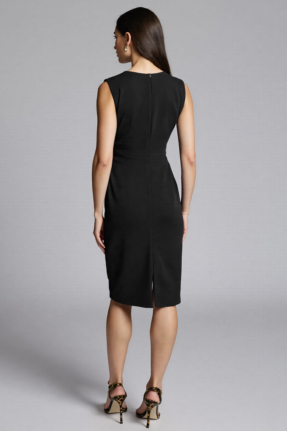 Navy Satin V-Neck Midi Bodycon Work Dress