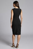 Navy Satin V-Neck Midi Bodycon Work Dress