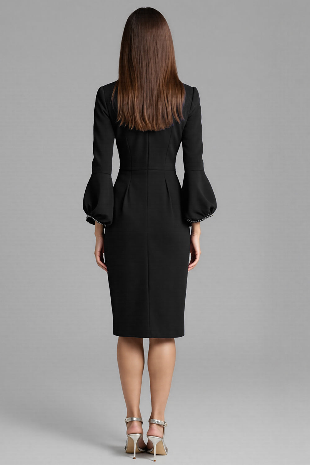 Navy Satin Bodycon Midi Bateau Neck Work Dress with Long Sleeves