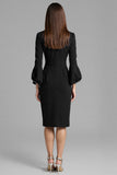 Navy Satin Bodycon Midi Bateau Neck Work Dress with Long Sleeves