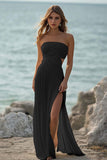 Black Strapless Pleated Chiffon Long Formal Dress with Slit
