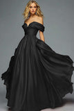 Red Satin A Line Off the Shoulder Ruched Long Prom Dress