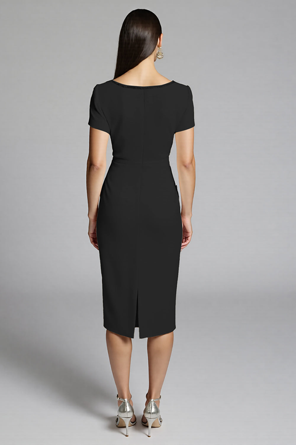 Beige Bodycon Midi Satin Work Dress with Short Sleeves