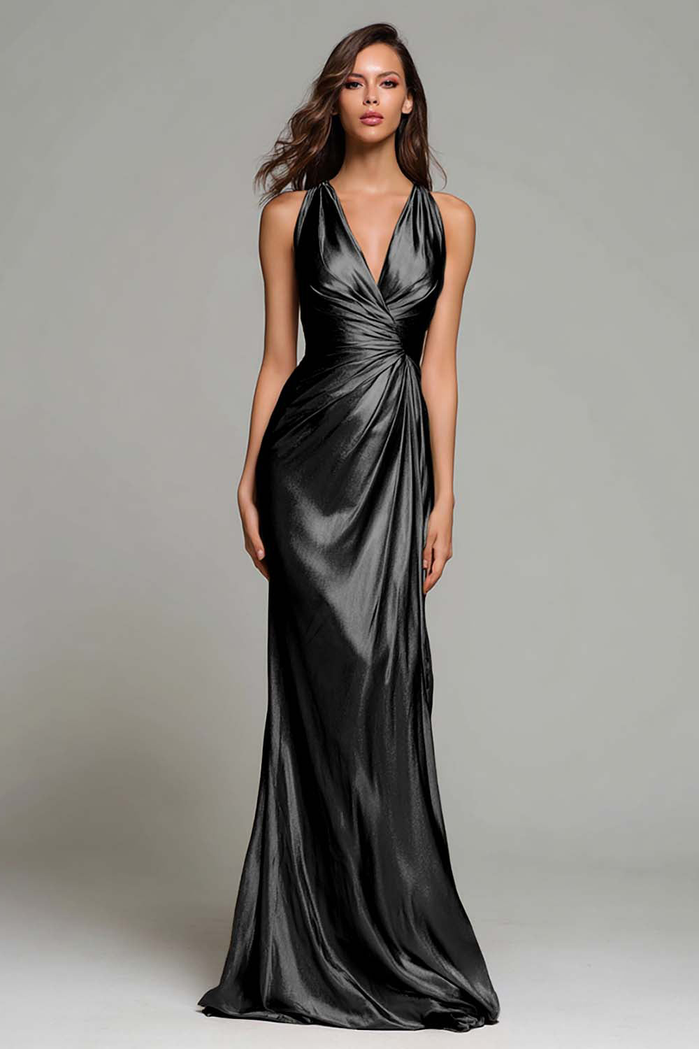 Sparkly Gold Metallic Ruched V-Neck Mermaid Long Formal Dress