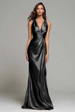 Sparkly Gold Metallic Ruched V-Neck Mermaid Long Formal Dress