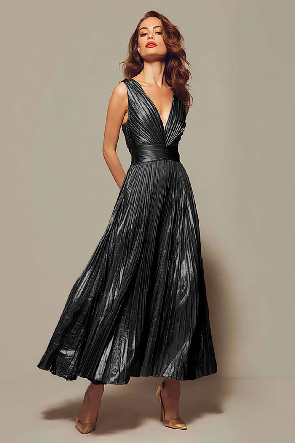 Sparkly Gold Metallic Pleated V-Neck A-Line Long Formal Dress