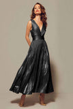 Sparkly Gold Metallic Pleated V-Neck A-Line Long Formal Dress