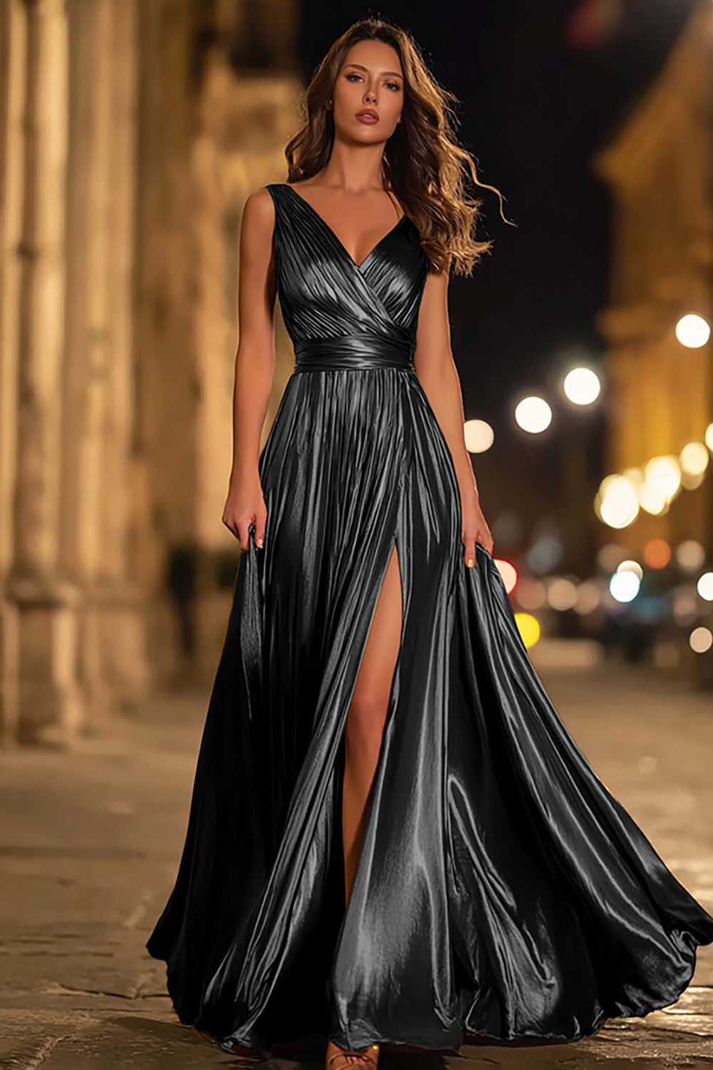 Sparkly Gold Metallic Ruched V-Neck A-Line Long Formal Dress with Slit
