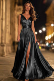 Sparkly Gold Metallic Ruched V-Neck A-Line Long Formal Dress with Slit