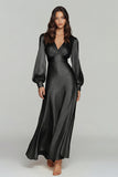 Champagne V-Neck Satin Backless Long Sleeves Evening Dress