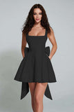 Simple Sky Blue Square Neck A Line Short Homecoming Dress with Bow
