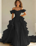 Yellow Satin Long Off the Shoulder Prom Dress with Ruffles