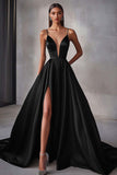 A Line Navy Satin Spaghetti Straps Long Prom Dress with Slit