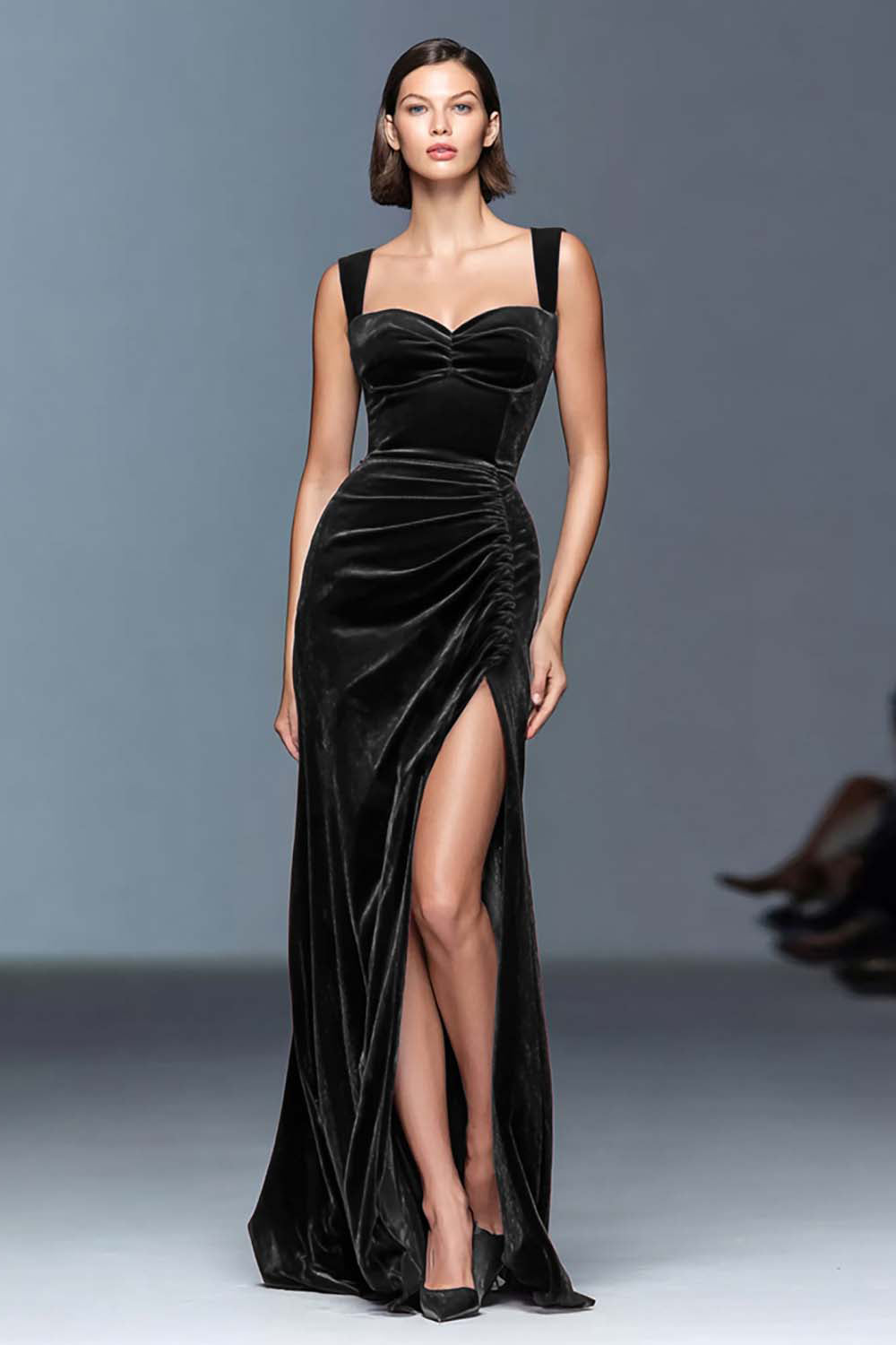 Burgundy Velvet Ruched Long Holiday Party Dress with Slit