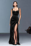 Burgundy Velvet Ruched Long Holiday Party Dress with Slit