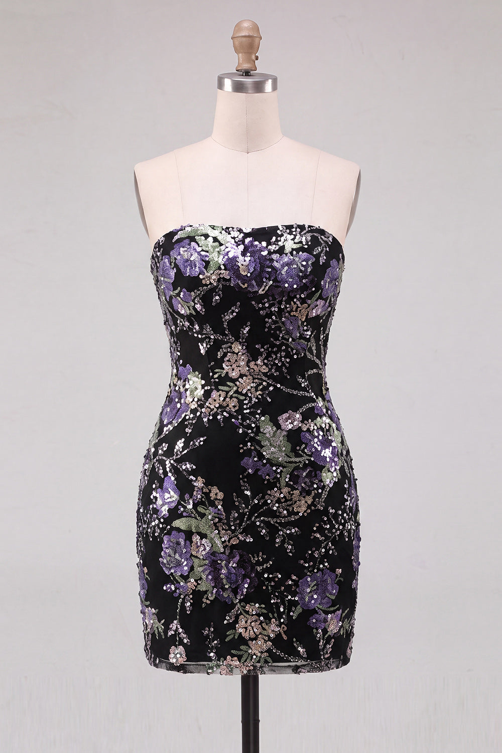 Floral Pink Sparkly Sequin Strapless Tight Short Homecoming Dress