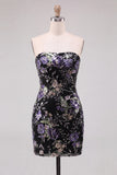Floral Pink Sparkly Sequin Strapless Tight Short Homecoming Dress