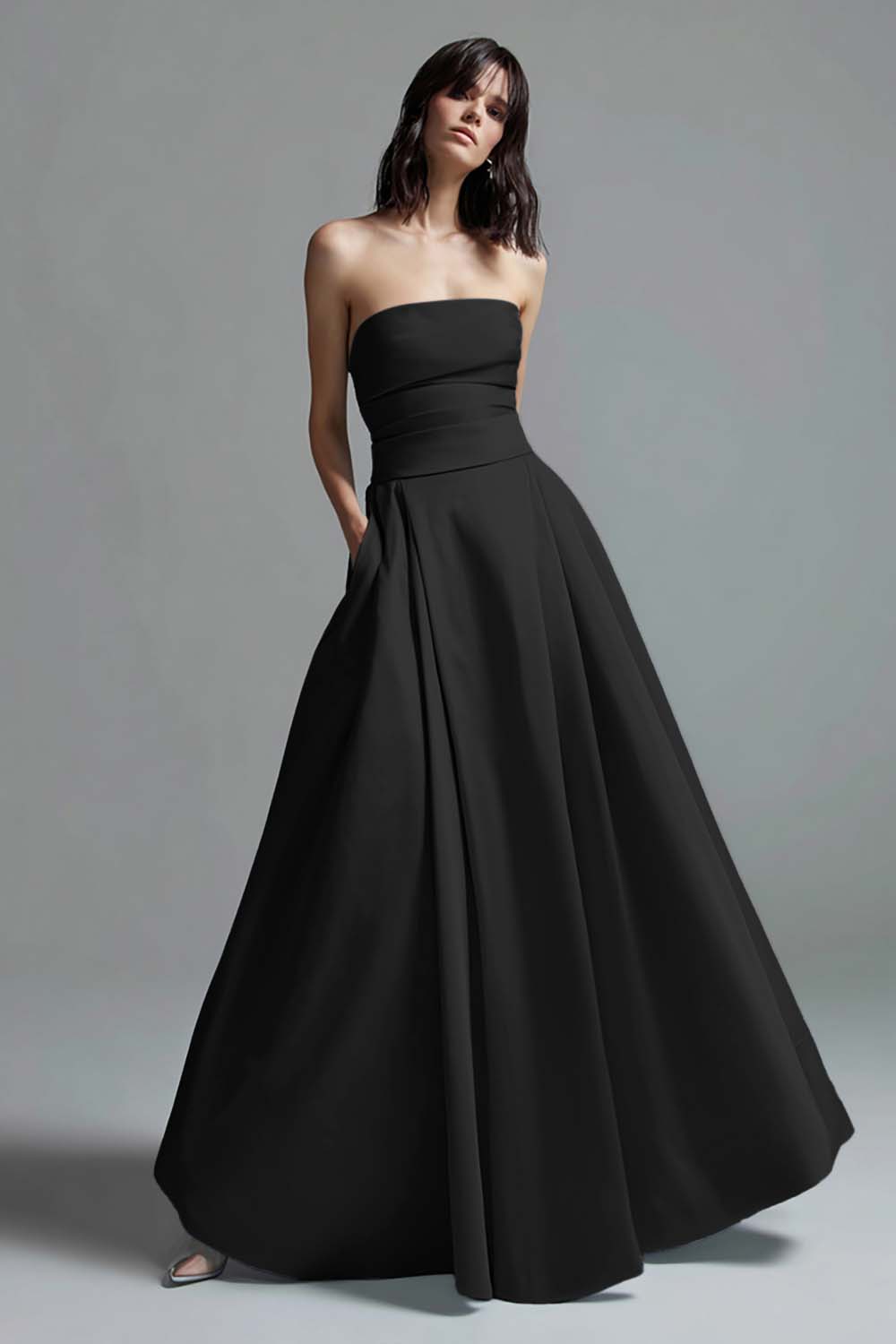 Sky Blue A Line Satin Strapless Ruched Long Formal Dress