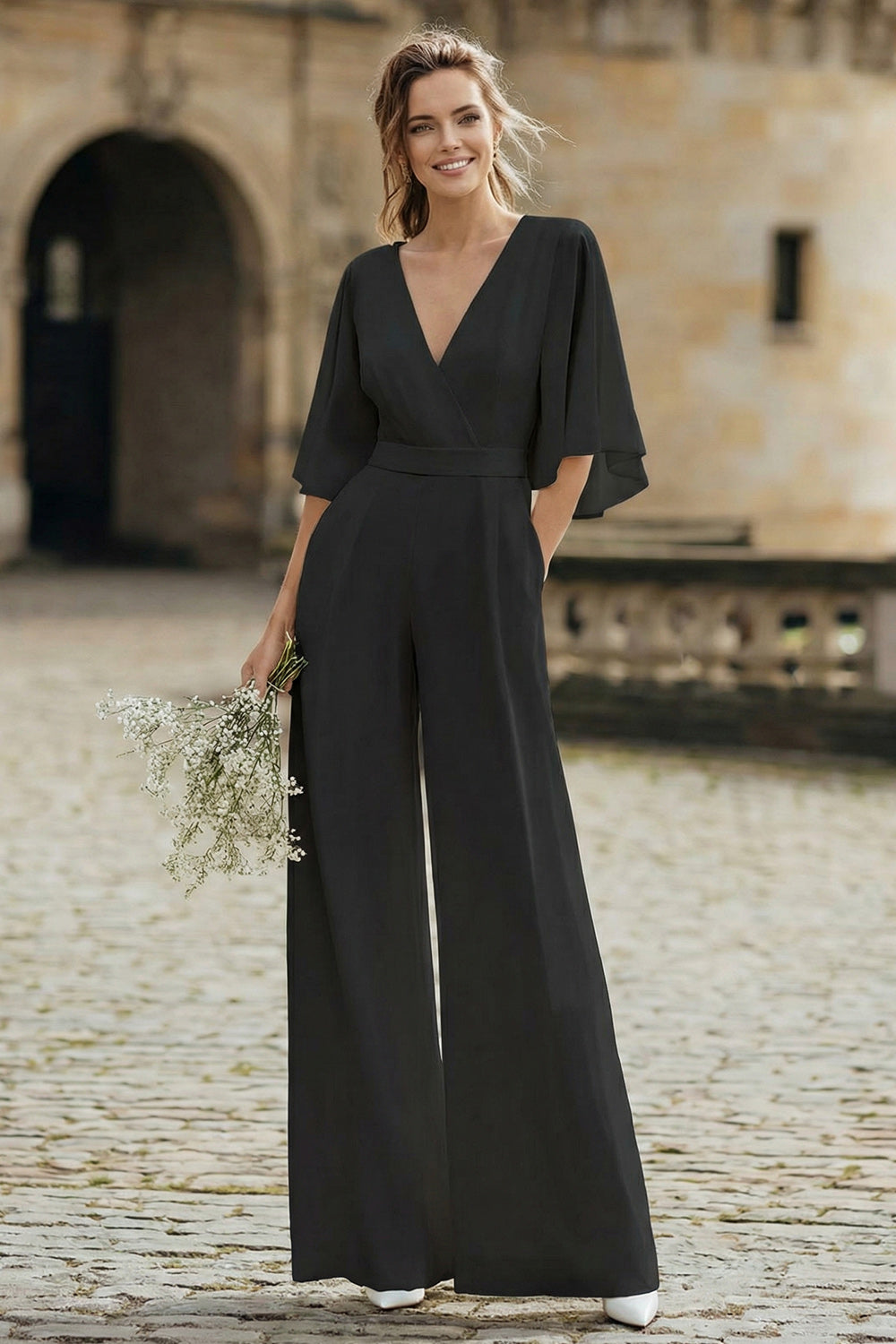 Ivory V-Neck Half Sleeves Long Wedding Jumpsuits with Pockets