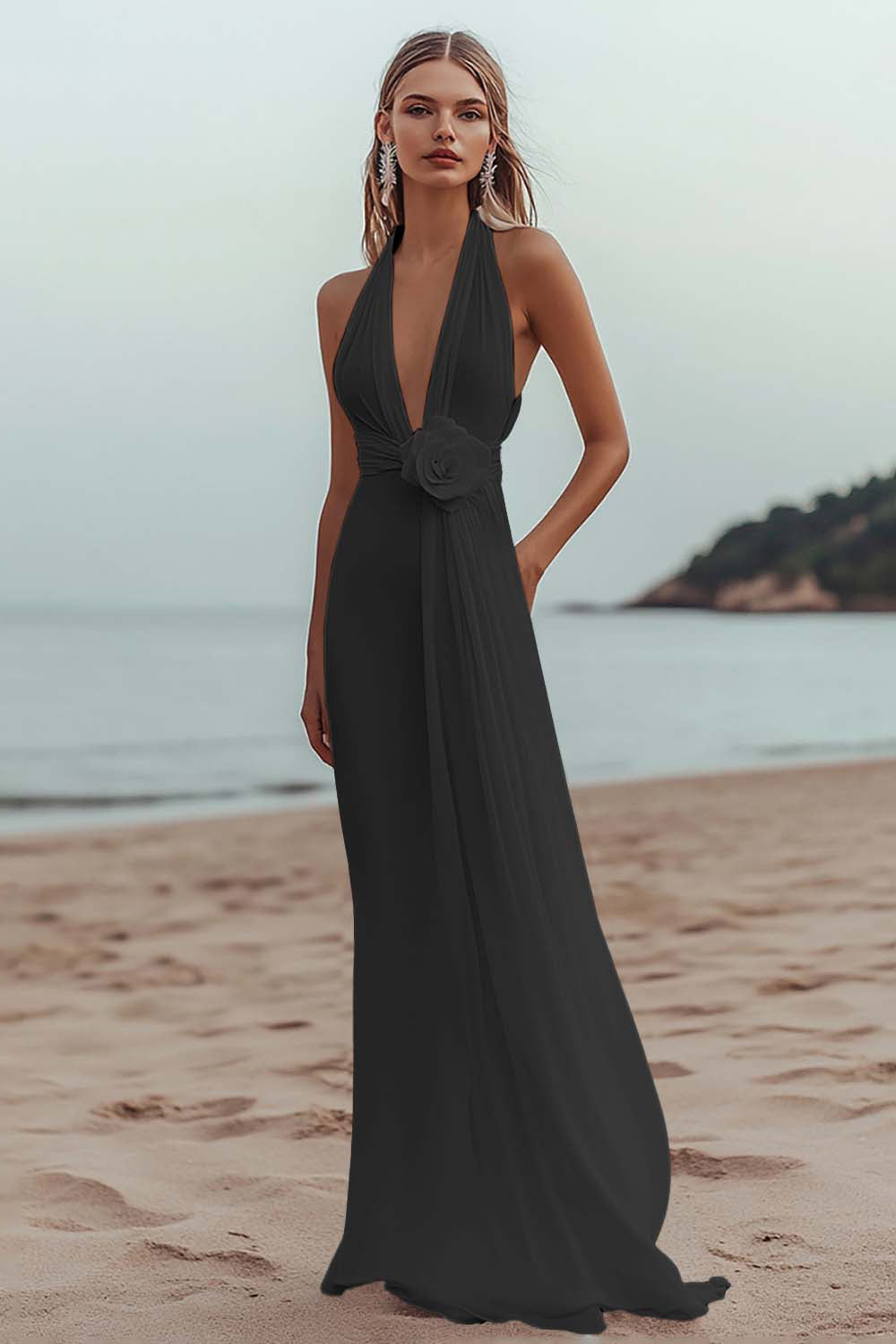 Burgundy A Line Deep V-Neck Long Formal Dress with 3D Flower