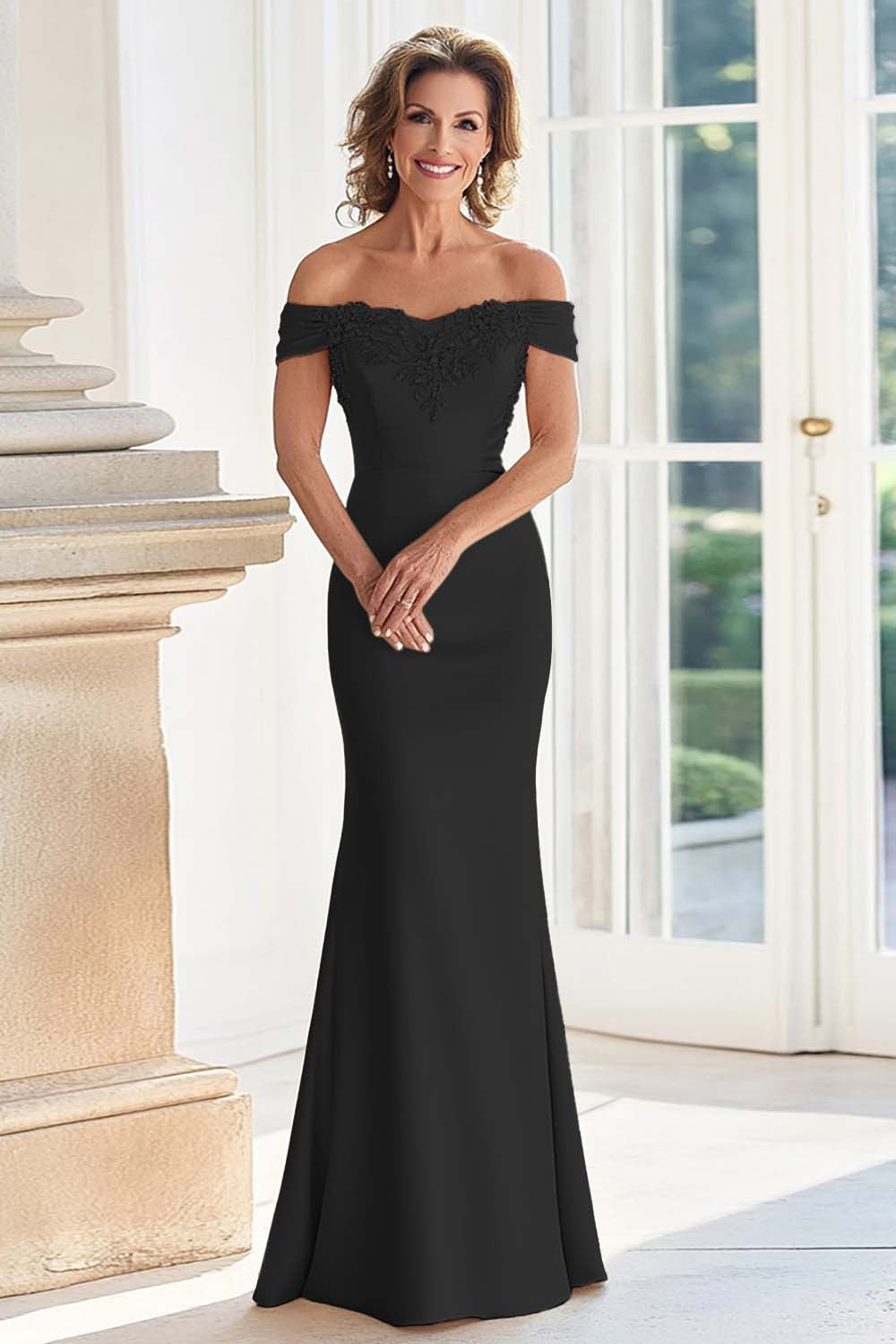 Zapaka Women Champagne Mother of the Bride Dress with Appliques Off the Shoulder Sheath Satin Long Wedding Guest Dress, Champagne / US18W