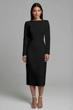 Simple Ivory Pencil Midi Work Dress Long Sleeves Bodycon Bateau Neck Business Dress
