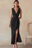 Lilac Satin Sheath Deep V-Neck Long Ruched Work Dress with Slit