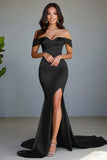 Off the Shoulder Dusty Sage Mermaid Long Prom Dress with Slit