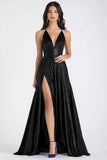 Sparkly Navy A Line Sequins Ruched Long Prom Dress with Slit