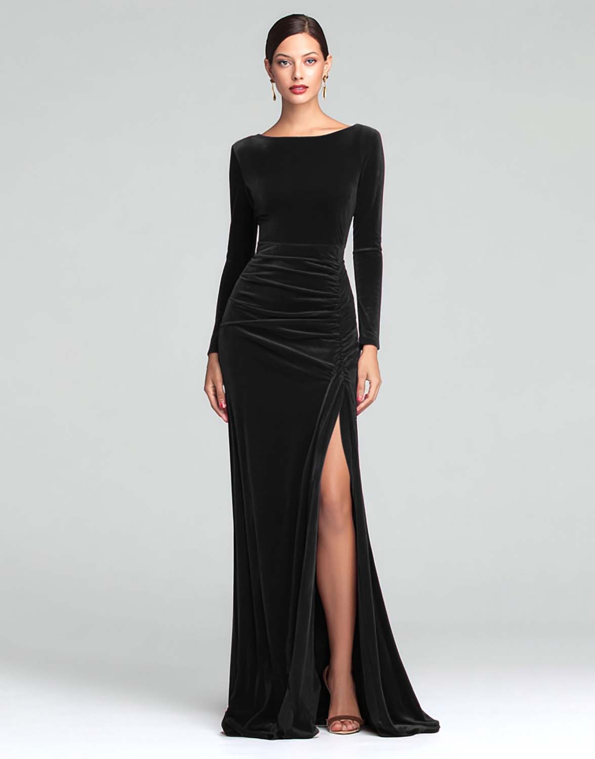 Burgundy Boat Neck Velvet Ruched Long Sleeves Holiday Party Dress