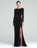 Burgundy Boat Neck Velvet Ruched Long Sleeves Holiday Party Dress