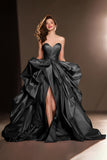 Dark Red Sweetheart Ruffled Ball Gown Long Masquerade Ball Dress with Slit