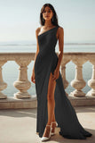 Dusty Blue Chiffon One Shoulder Beach Long Formal Dress with Slit