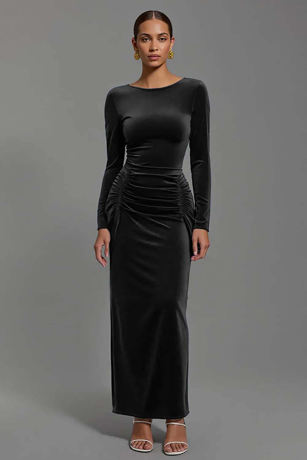 Navy Velvet Boat Neck Sheath Long Holiday Party Dress with Sleeves