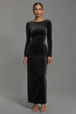 Navy Velvet Boat Neck Sheath Long Holiday Party Dress with Sleeves