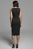 Grey Bodycon Satin Crew Neck Midi Ruched Work Dress with Slit
