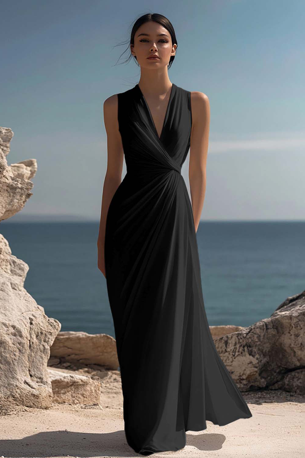 ZAPAKASA Women White Chiffon Sheath Long Rehearsal Dinner Dress V-Neck Ruched Sleeveless Engagement Dress ZAPAKASA Women White Chiffon Sheath Long Rehearsal Dinner Dress V-Neck Ruched Sleeveless Engagement Dress