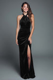 Burgundy Halter Velvet Mermaid Long Holiday Party Dress with Slit