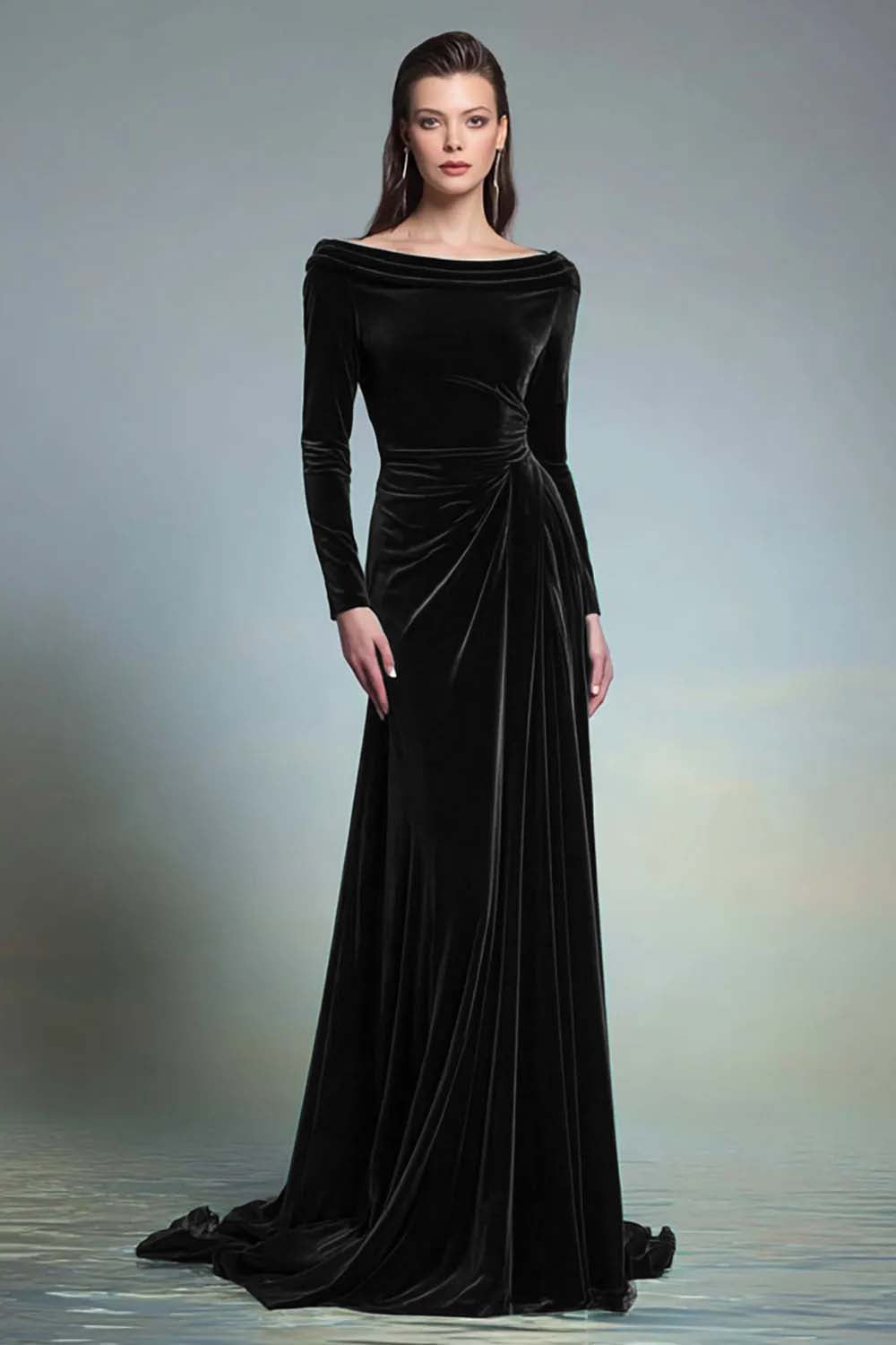 Dark Green Velvet Ruched Boat Neck Long Sleeves Formal Dress