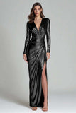 Sparkly Gold Metallic V-Neck Ruched Long Formal Dress with Slit