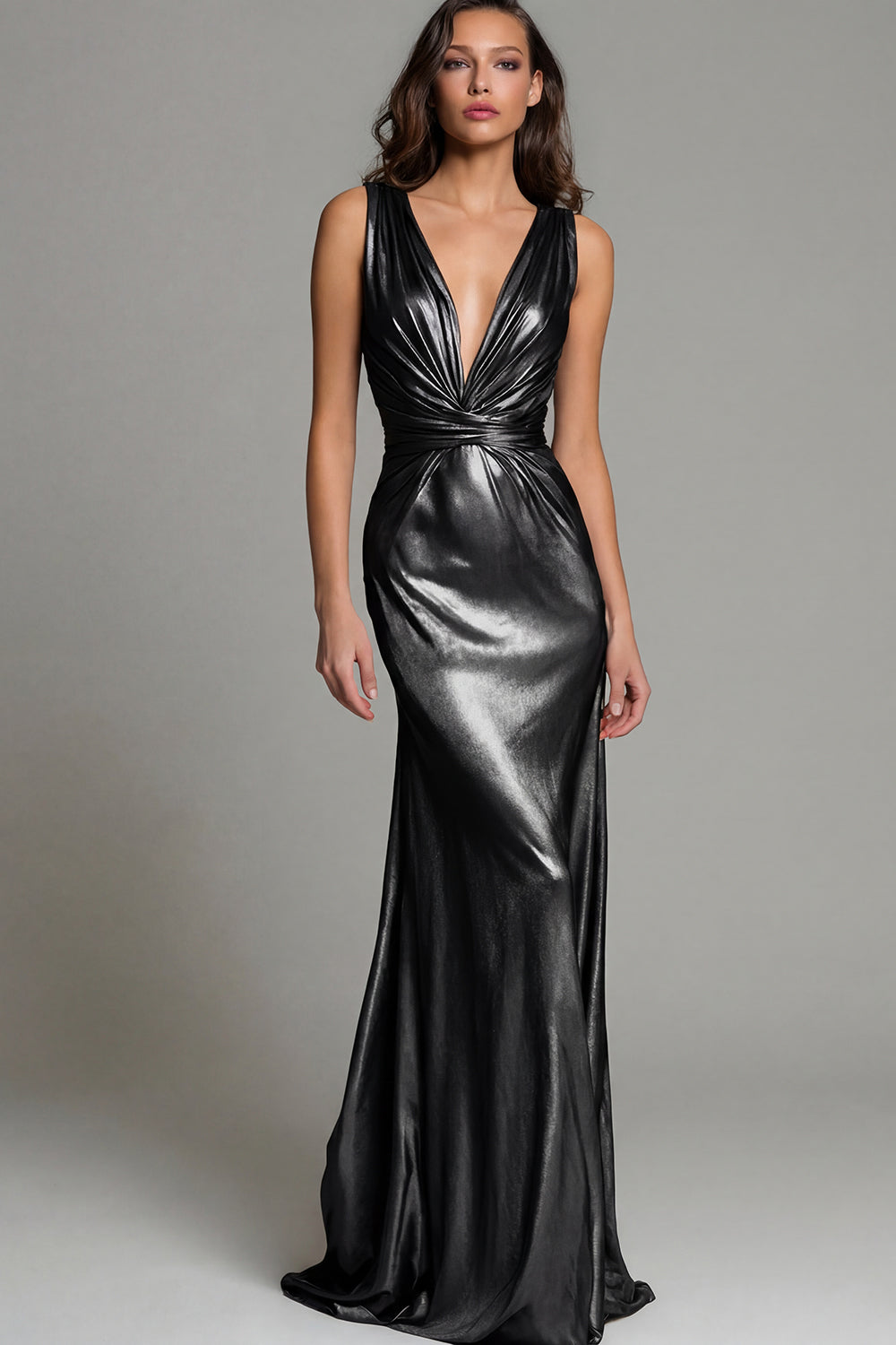 Sparkly Gold Deep V-Neck Metallic Long Formal Dress