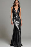 Sparkly Gold Deep V-Neck Metallic Long Formal Dress