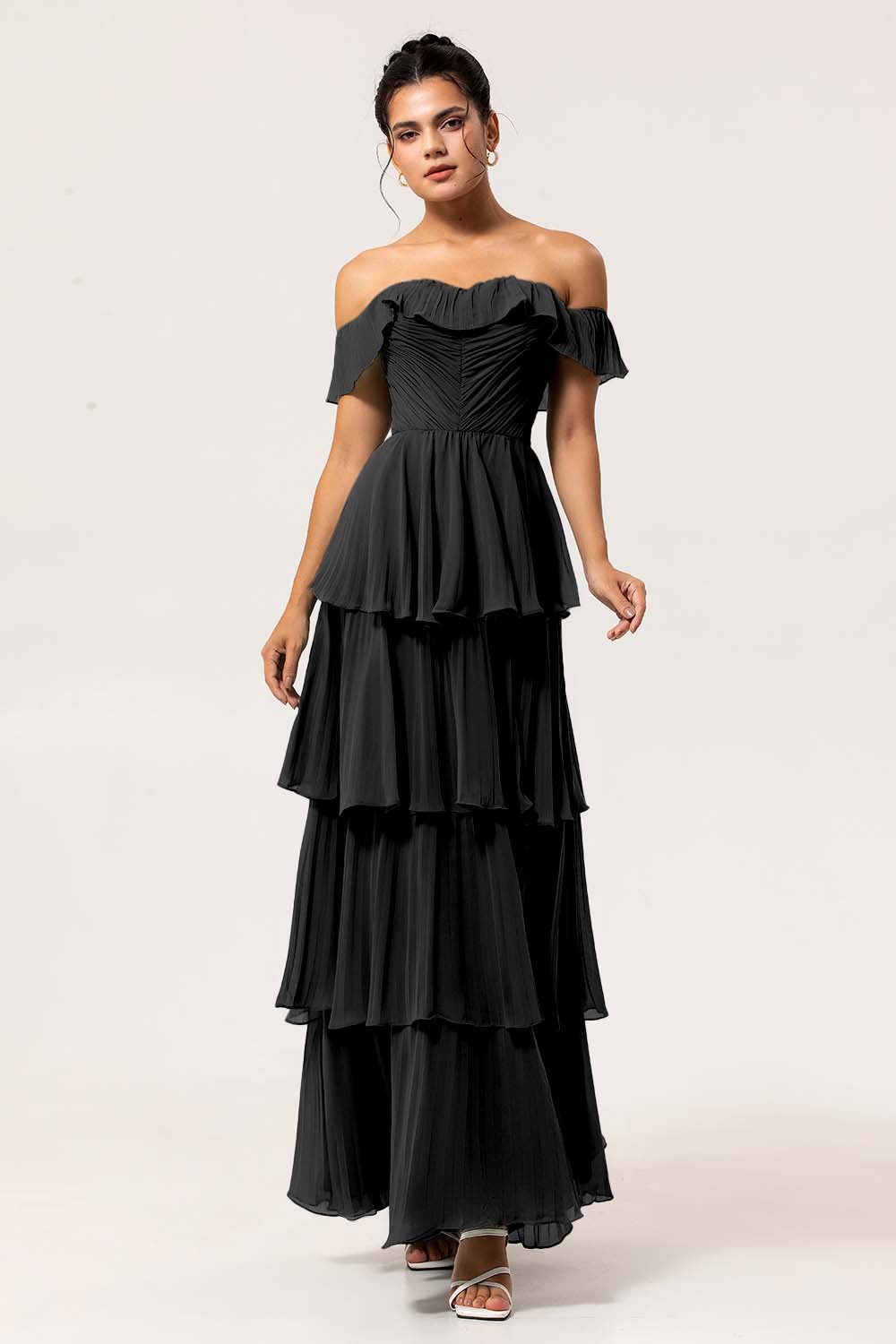 Eucalyptus Off The Shoulder Pleated Long Tiered Bridesmaid Dress
