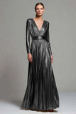 Sparkly Gold Metallic Long Formal Dress with Sleeves Pleated V-Neck A-Line Holiday Party Dress