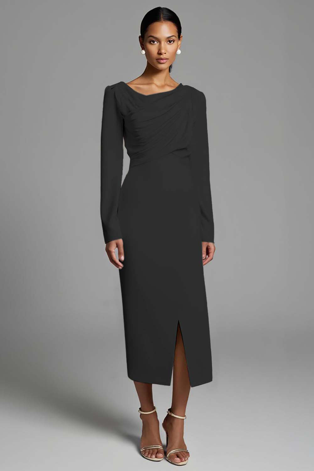 Ivory Ruched Pencil Long Sleeves Work Dress with Slit