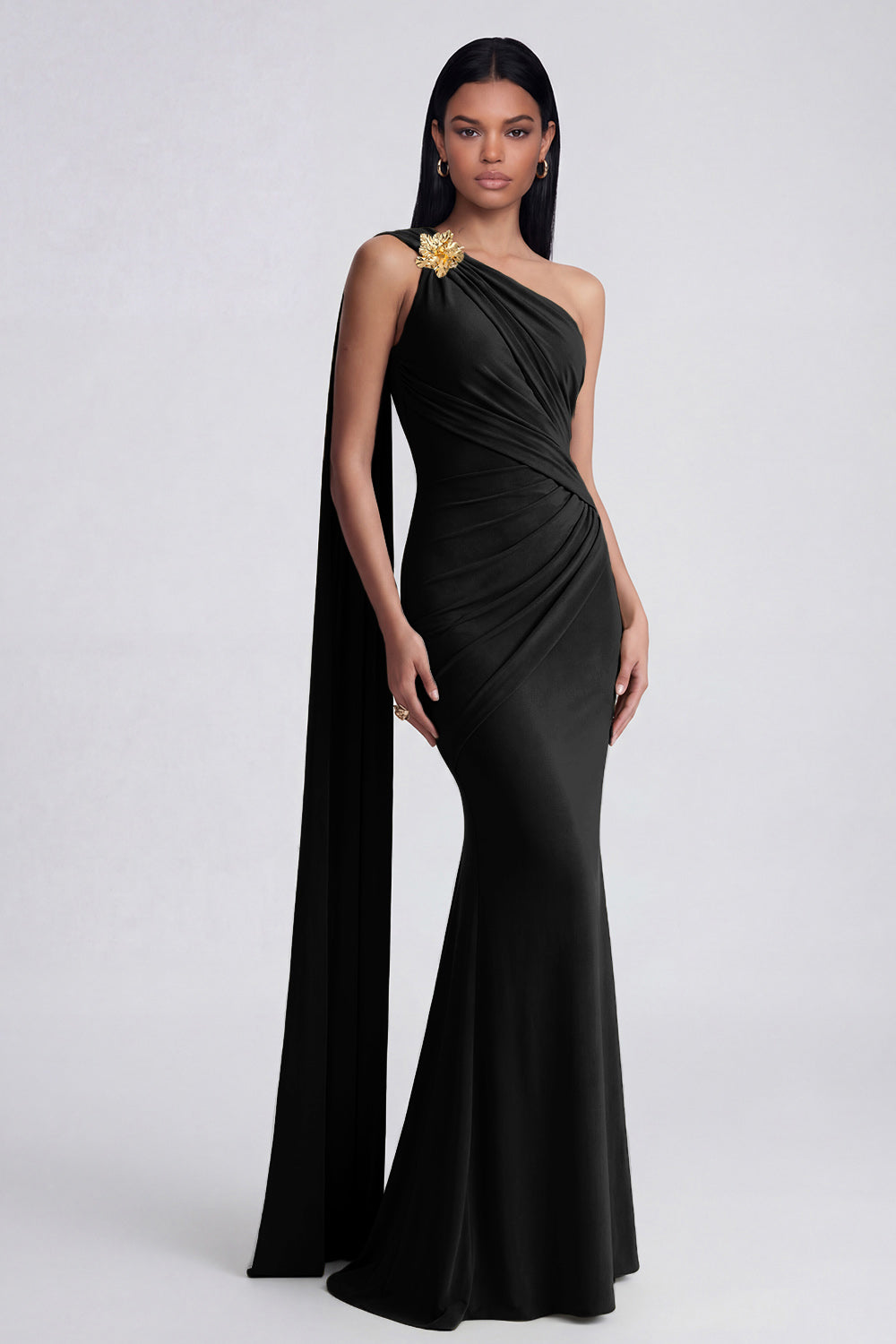 Olive Floral One Shoulder Ruched Long Mermaid Formal Dress with Side Cape